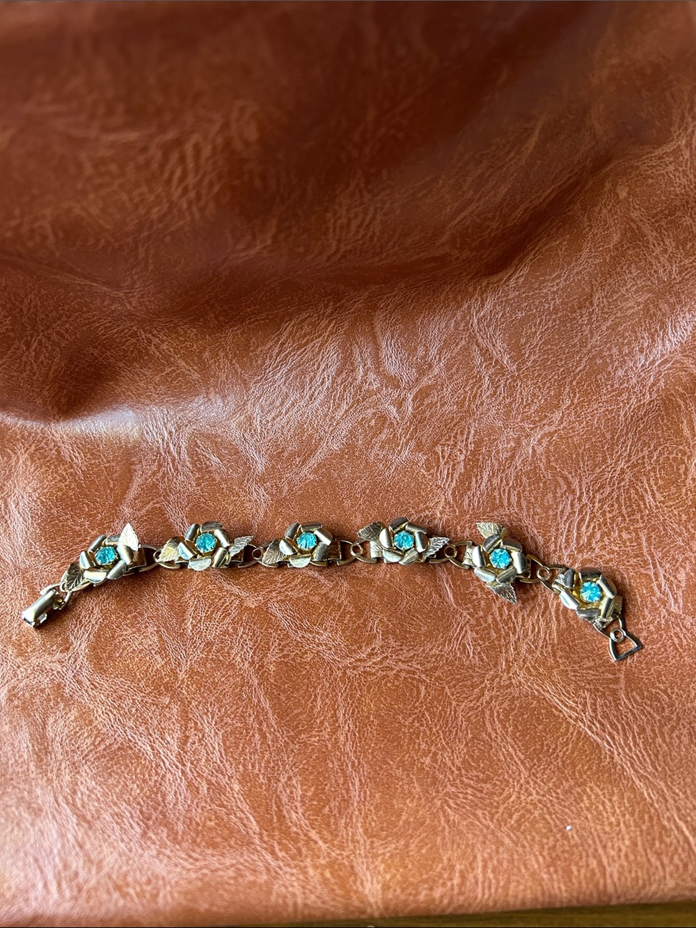 Vintage Signed Coro Silver-Tone Floral Link Bracelet Blue Rhinestones MCM